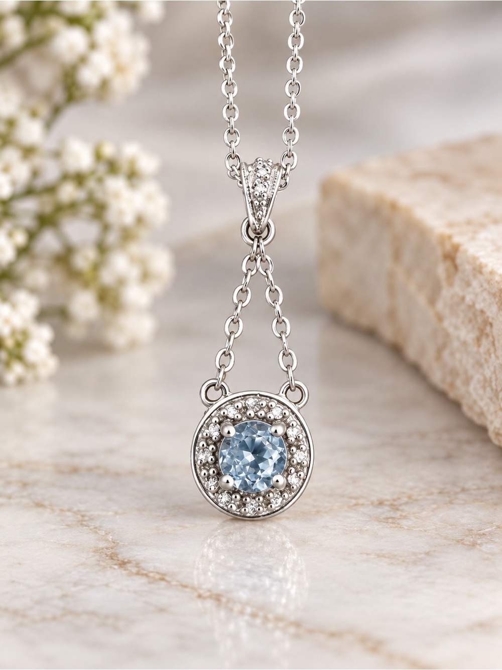 Estate Sterling Silver 925 Halo Pendant Blue Stone w/Sterling Plate Chain